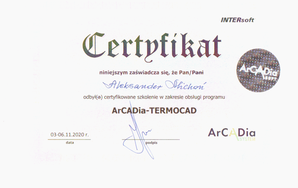 Certyfk,at ArCADia - TERMOCAD